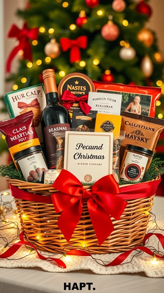A festive gift basket with gourmet treats and a personalized card, decorated with a ribbon and lights.